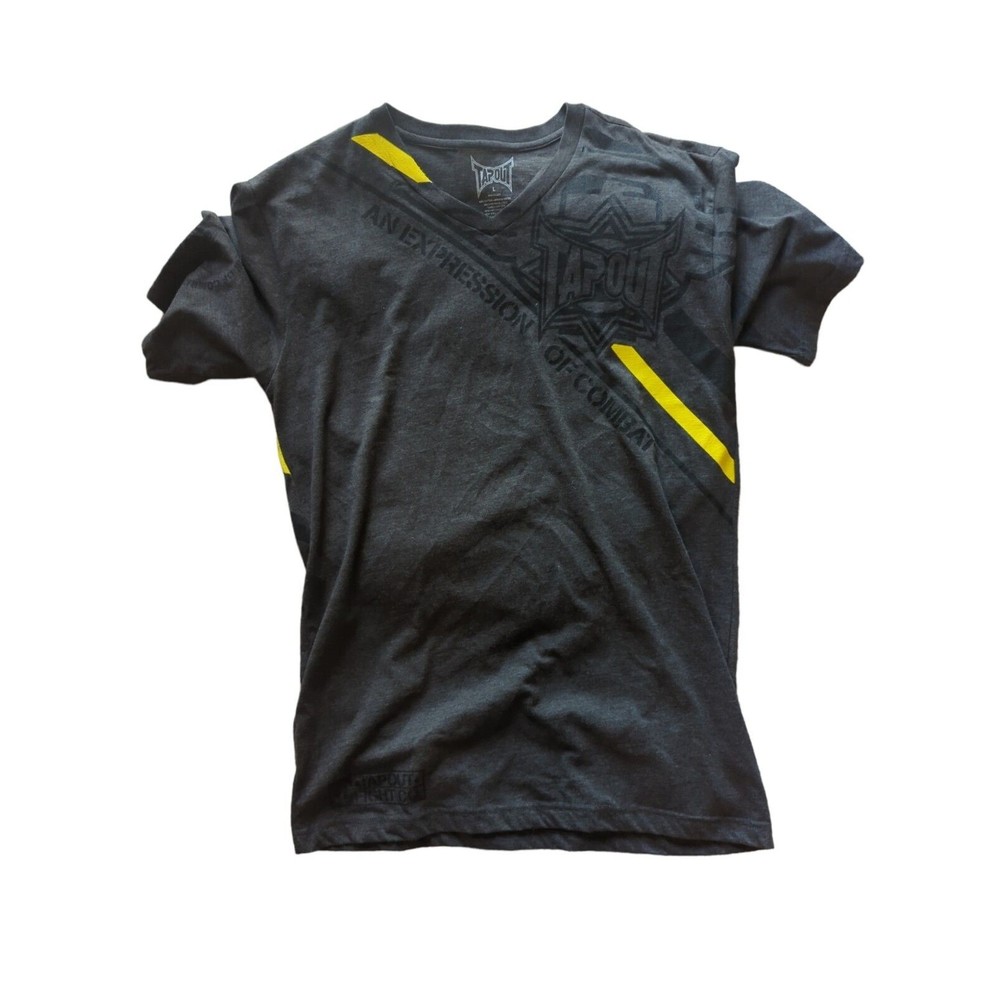 Tapout Fighting Co.  Men's L Grey With Bright Yellow Stripe Short Sleeve Shirt